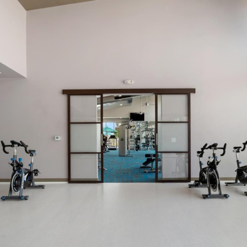 a yoga studio with bikes